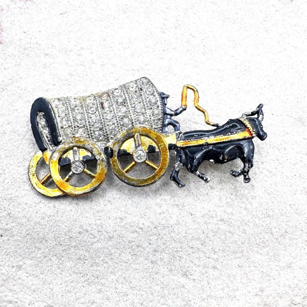 Vintage Ox Cart Wagon Brooch Rhinestone‎ Silver Black Gold Figural 2.5" Western